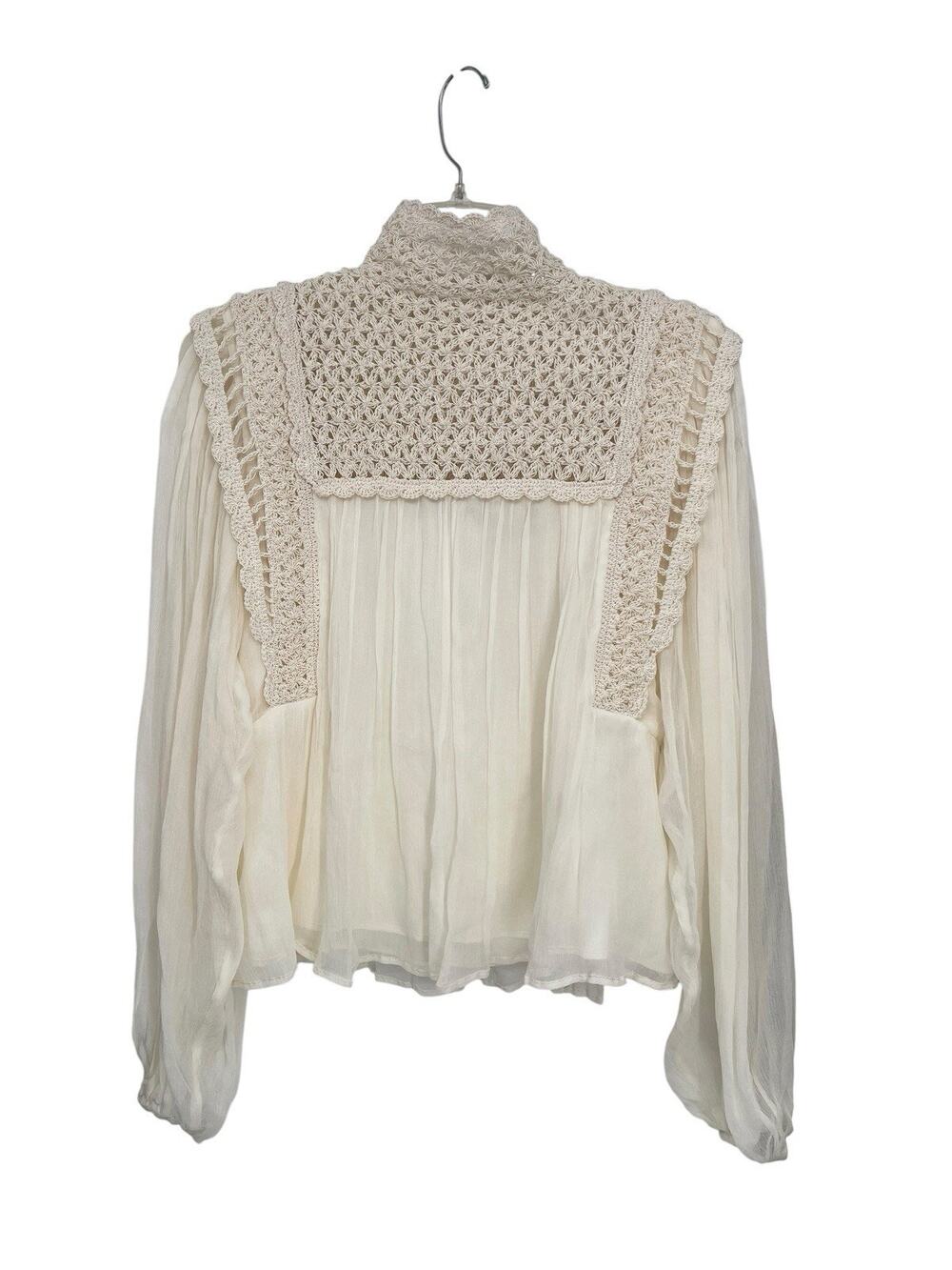 Magali Pascal Anthropologie Smocked Top Crochet Detail High Neckline Cream Small